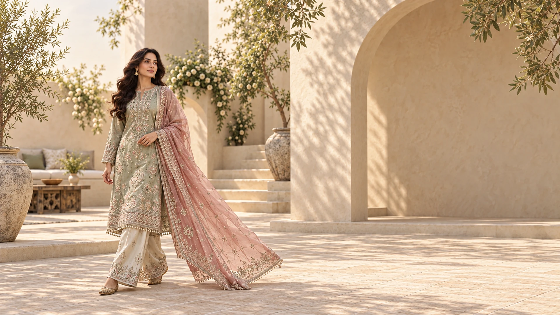 A woman in embroidered sage and ivory womenswear with a rose dupatta in a sunlit sandstone courtyard
